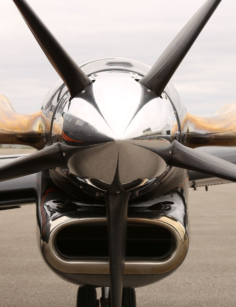 Close-up of a propeller on a small airplane.